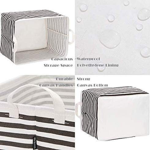 Sea Team Collapsible Canvas Fabric Storage Basket with Handles, Rectangle Waterproof Storage Bin, Box, Cube, Foldable Shelf Basket, Closet Organizer, 16.5 x 11.8 x 9.8 Inches, Black Stripe